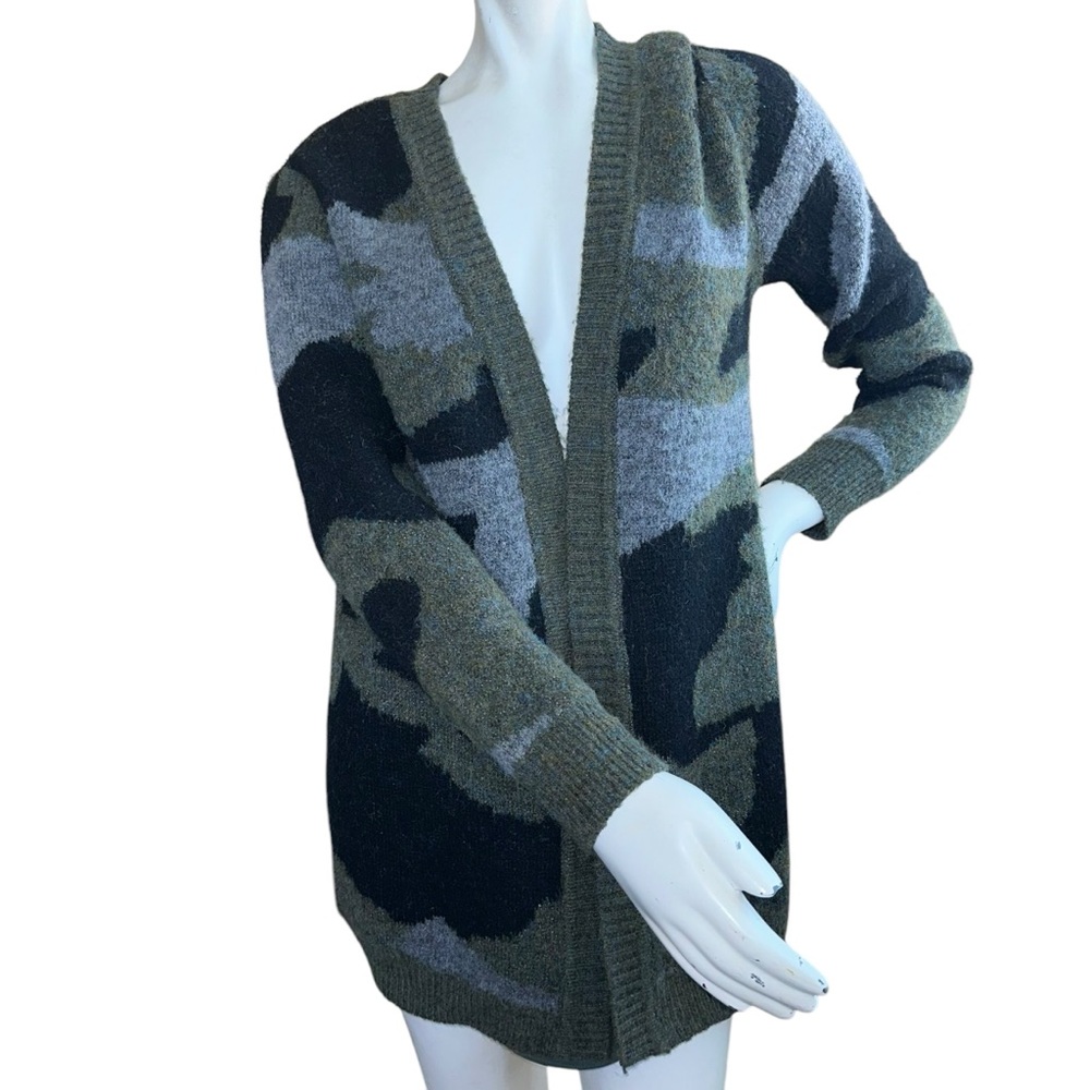 Anthropologie Moth Green Chunky Camo Print Oversized Open Cardigan Size XS